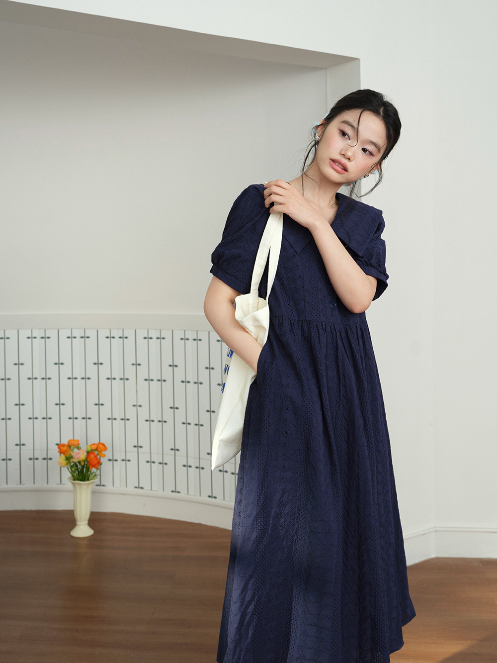 Dark Blue Puff Sleeve Dress